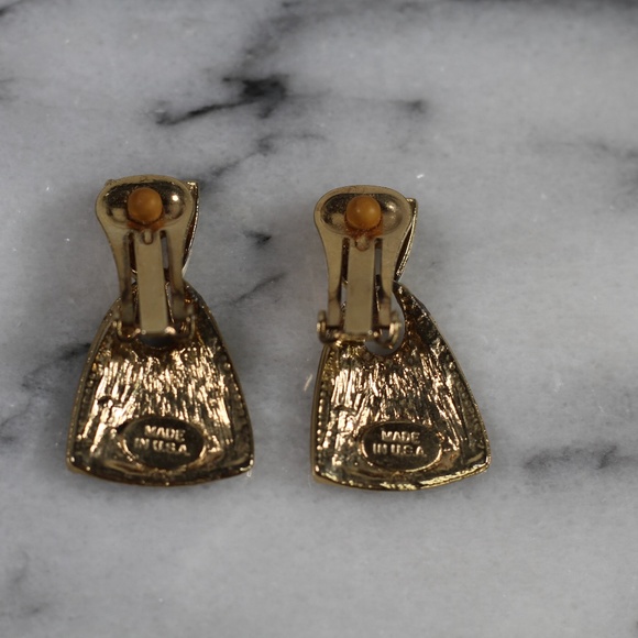 Triangular Black & Gold Clip On Earrings - Picture 2 of 4